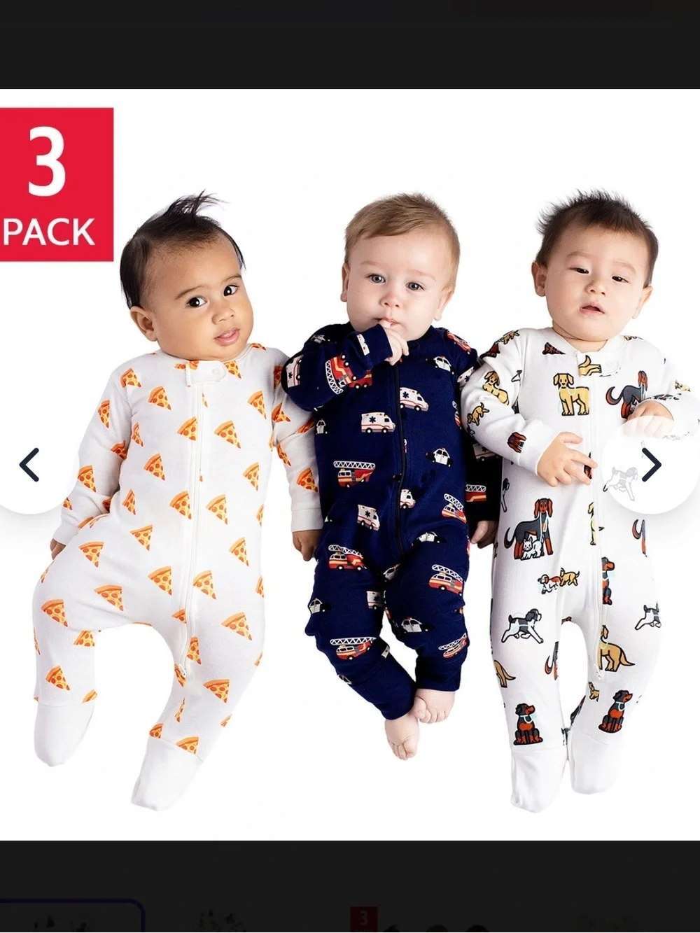 3-Pack Baby Footed Zippert Rompers 9-12m - Dog, Pizza & Vehicle Prints
